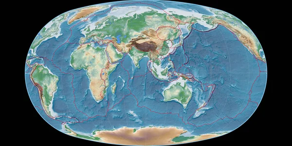 Carte Monde Dans Projection Baranyi Centrée Sur Longitude Est Ombre — Photo