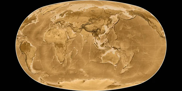 巴拉尼投影中的世界地图以东经90度为中心 塞皮亚着色的高程图 光栅与满意的原始复合材料 3D插图 — 图库照片