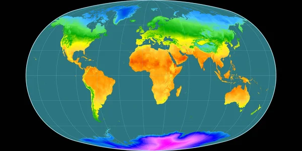 巴拉尼投影中的世界地图以东经11度为中心 平均年温度图 具有满意性能的栅格原料复合材料 3D插图 — 图库照片