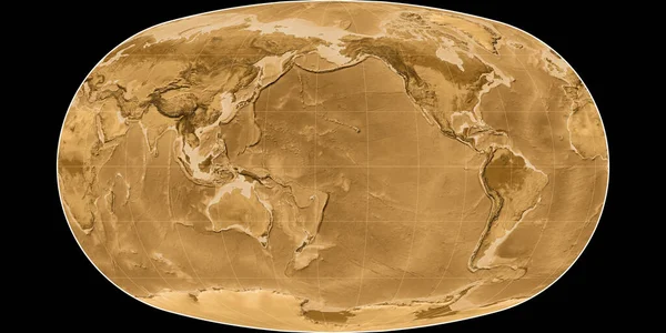 巴拉尼投影中的世界地图以西经170度为中心 塞皮亚着色的高程图 光栅与满意的原始复合材料 3D插图 — 图库照片