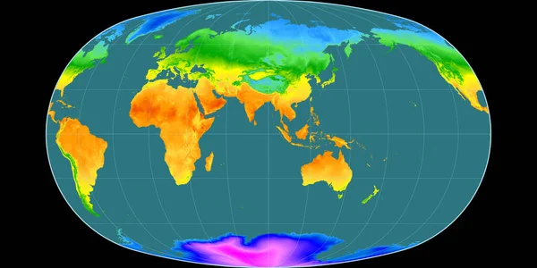 巴拉尼投影中的世界地图以东经90度为中心 平均年温度图 具有满意性能的栅格原料复合材料 3D插图 — 图库照片