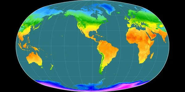 巴拉尼投影中的世界地图以西经90度为中心 平均年温度图 具有满意性能的栅格原料复合材料 3D插图 — 图库照片