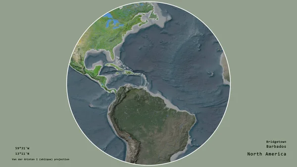 巴巴多斯地区以荒凉的背景为中心 围绕着它的大陆 大写的地理推论和名称 卫星图像 — 图库照片