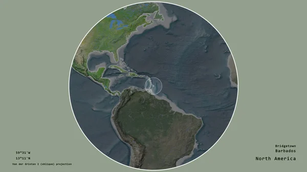 在该大陆的大比例尺地图上 以一个圆圈为标志的巴巴多斯地区在绝望的背景下被孤立起来 大写的地理推论和名称 卫星图像 — 图库照片