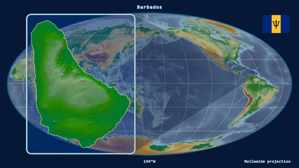 Vergrößerte Ansicht Von Barbados Mit Perspektivischen Linien Gegen Eine Weltkarte — Stockfoto