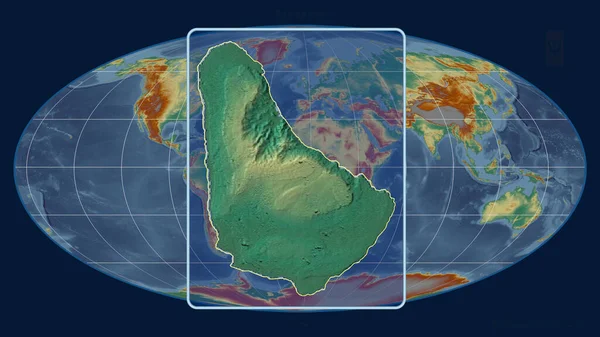 将巴巴多斯的轮廓放大 用透视线与摩尔魏德投影中的全球地图相对照 形体中心 地形起伏图 — 图库照片