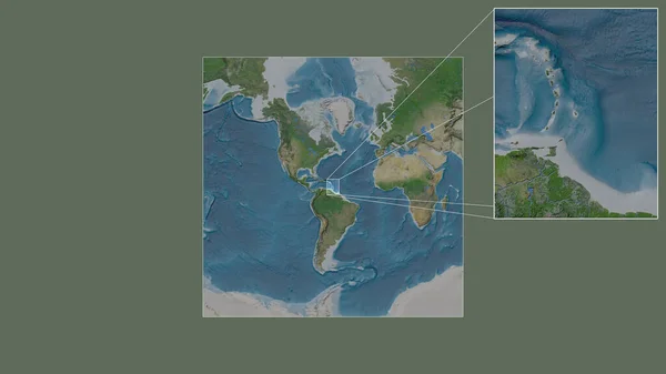 从世界大比例尺地图中提取出的扩大和扩大的巴巴多斯地区 其主要线连接了框架的各个角落 卫星图像 — 图库照片