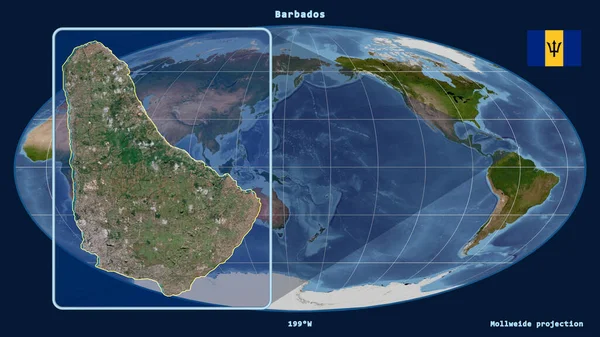 Vergrößerte Ansicht Von Barbados Mit Perspektivischen Linien Gegen Eine Weltkarte — Stockfoto