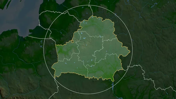 Belarus zoomed and circled. Main physical landscape features. 3D rendering
