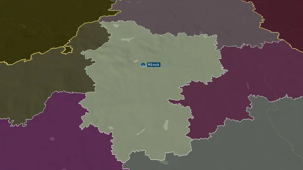 Minsk - region of Belarus zoomed and highlighted with capital. Colored and bumped map of the administrative division. 3D rendering