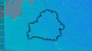 Efsanevi stereografik projeksiyonda Belarus bölgesindeki en soğuk ayın en düşük sıcaklığı - koyu parlak dış hatlı raster tabakalarının ham bileşimi