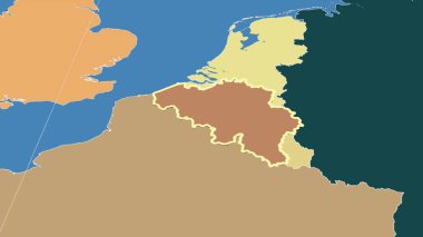 Belçika ve mahallesi. Uzak eğimli perspektif - şekil çizilmiş. idari bölümlerin renk haritası