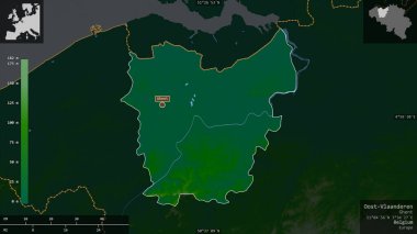 Oost-Vlaanderen, Belçika vilayeti. Gölleri ve nehirleri olan renkli gölge verileri. Ülke alanına karşı bilgilendirici örtülerle sunulan şekil. 3B görüntüleme