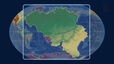 Kavrayskiy projeksiyonundaki küresel bir haritaya karşı perspektif çizgileriyle Belçika 'ya yakınlaştırılmış görünüm. Şekil merkezli. topografik yardım haritası