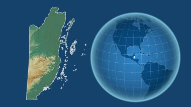 Belize. Yakınlaştırılmış haritaya karşı ülkenin şekline sahip dünya mavi arka planda izole edilmiş. topografik yardım haritası