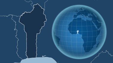 Benin. Zoom haritasına karşı ülkenin şekline sahip bir dünya. Sadece şekiller - kara / okyanus maskesi