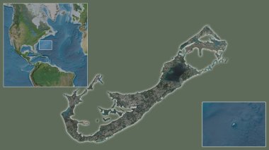 Bermuda 'ya ve bölgedeki konumuna ve geniş çaplı bir dünya haritasının merkezine yakın çekim. Uydu görüntüleri