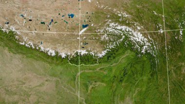 Bhutan. Mahalle - ülkenin dış hatlarıyla uzak perspektif. uydu resimleri