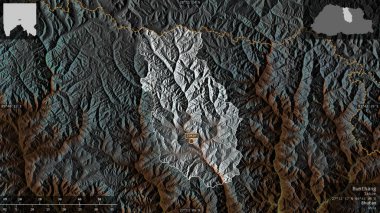 Bumthang, Bhutan bölgesi. Göller ve nehirlerle renkli rahatlama. Ülke alanına karşı bilgilendirici örtülerle sunulan şekil. 3B görüntüleme