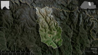 Bumthang, Bhutan bölgesi. Uydu görüntüleri. Ülke alanına karşı bilgilendirici örtülerle sunulan şekil. 3B görüntüleme