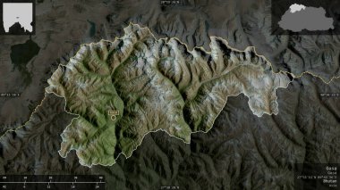 Gasa, Butan bölgesi. Uydu görüntüleri. Ülke alanına karşı bilgilendirici örtülerle sunulan şekil. 3B görüntüleme