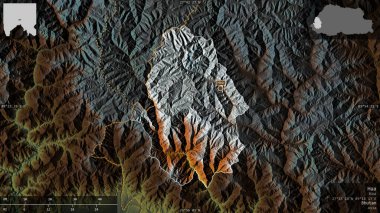 Haa, Bhutan bölgesi. Göller ve nehirlerle renkli rahatlama. Ülke alanına karşı bilgilendirici örtülerle sunulan şekil. 3B görüntüleme