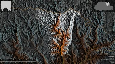 Lhuentse, Butan bölgesi. Göller ve nehirlerle renkli rahatlama. Ülke alanına karşı bilgilendirici örtülerle sunulan şekil. 3B görüntüleme