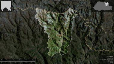 Lhuentse, Butan bölgesi. Uydu görüntüleri. Ülke alanına karşı bilgilendirici örtülerle sunulan şekil. 3B görüntüleme