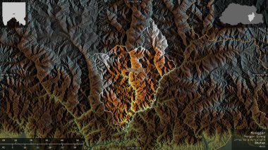 Monggar, Butan bölgesi. Göller ve nehirlerle renkli rahatlama. Ülke alanına karşı bilgilendirici örtülerle sunulan şekil. 3B görüntüleme
