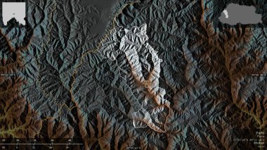 Paro, Butan bölgesi. Göller ve nehirlerle renkli rahatlama. Ülke alanına karşı bilgilendirici örtülerle sunulan şekil. 3B görüntüleme