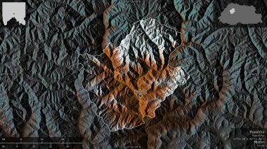 Punakha, Butan bölgesi. Göller ve nehirlerle renkli rahatlama. Ülke alanına karşı bilgilendirici örtülerle sunulan şekil. 3B görüntüleme