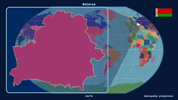 Zoomed-in view of Belarus outline with perspective lines against a global map in the Kavrayskiy projection. Shape on the left side. color map of administrative divisions