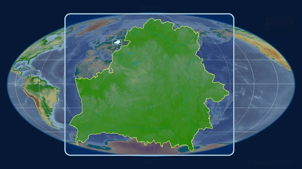 Zoomed-in view of Belarus outline with perspective lines against a global map in the Mollweide projection. Shape centered. color physical map