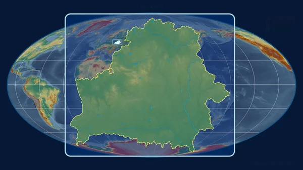 Zoomed-in view of Belarus outline with perspective lines against a global map in the Mollweide projection. Shape centered. topographic relief map