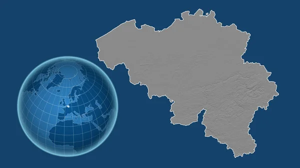 Belgium. Globe with the shape of the country against zoomed map with its outline isolated on the blue background. grayscale elevation map