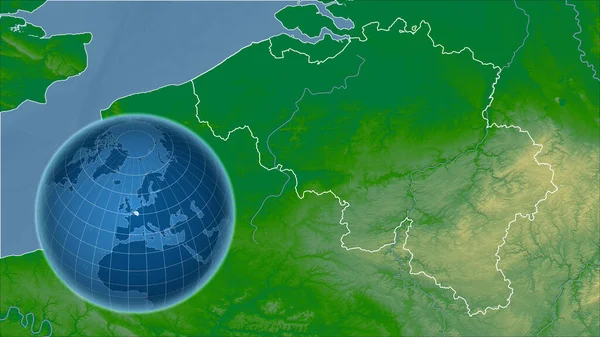 比利时 与缩放地图及其轮廓相对照的国家形状的球体 彩色物理图 — 图库照片