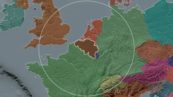 Rozšířená Oblast Belgie Obklopená Kruhem Pozadí Svého Okolí Barevná Mapa — Stock fotografie