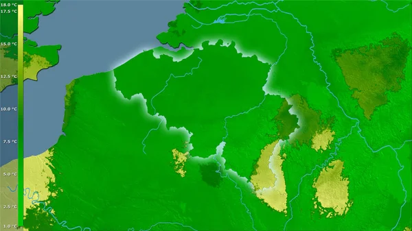 Średnia Temperatura Najcieplejszego Kwartału Terenie Belgii Projekcji Stereograficznej Legendą Surowa — Zdjęcie stockowe