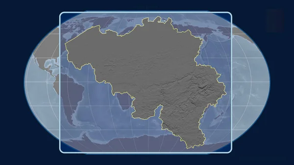 Zoomed Widok Belgii Zarys Linii Perspektywy Wobec Globalnej Mapy Projekcji — Zdjęcie stockowe