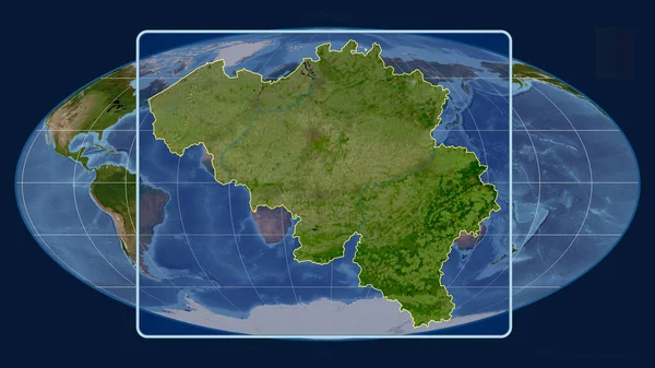 ベルギーのアウトラインを視野線で拡大し Mollweide予測の世界地図に対して 形を中心に 衛星画像 — ストック写真