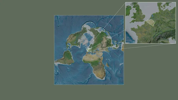 从世界大比例尺地图中提取出的扩大和扩大的比利时地区 其主要线连接了框架的各个角落 卫星图像 — 图库照片
