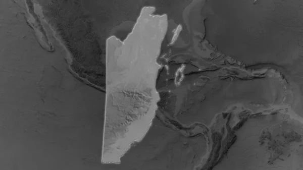 伯利兹面积扩大 并在其周围环境的黑暗背景下发亮 灰度隆起地图 — 图库照片