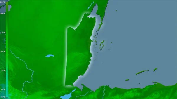 伯利兹地区内最冷的一个月的最低温度 用图例的立体投影 明亮轮廓的栅格层的原始成分 — 图库照片