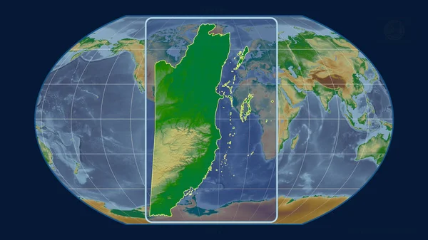 Zoomed-in view of Belize outline with perspective lines against a global map in the Kavrayskiy projection. Shape centered. color physical map