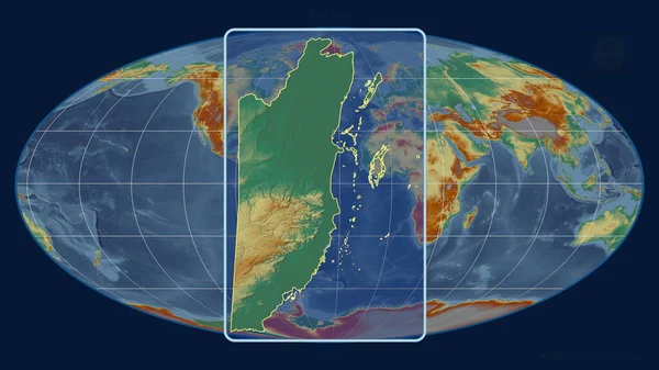 在Mollweide投影中 用透视线与全球地图对齐 将伯利兹的轮廓放大 形体中心 地形起伏图 — 图库照片