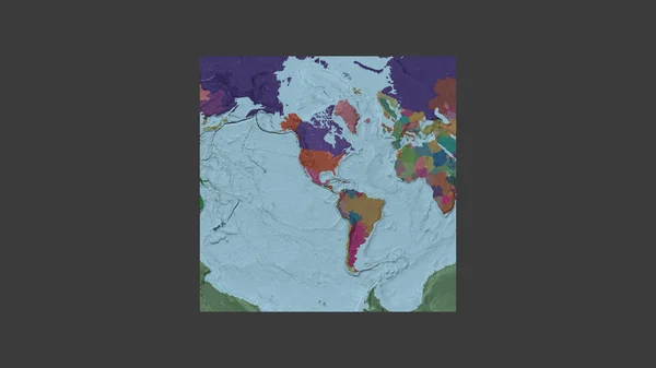 世界大比例尺地图的正方形框架 呈倾斜的范德格林登投影 以伯利兹领土为中心 行政区划的彩色地图 — 图库照片