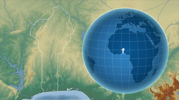 Benin Globe Tvarem Země Proti Zvětšené Mapě Jeho Obrysem Mapa — Stock fotografie