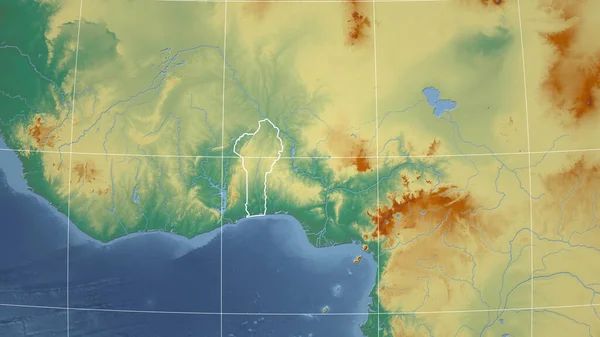 Benin Barrio Perspectiva Distante Con Contorno Del País Mapa Topográfico — Foto de Stock