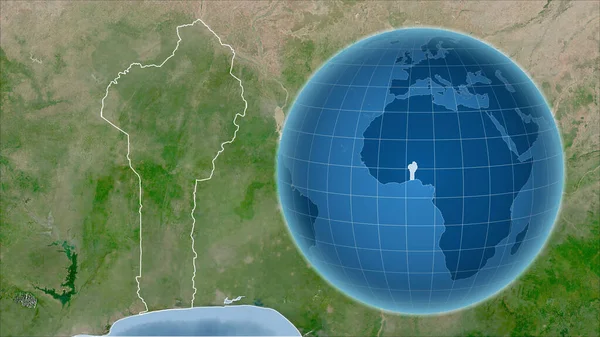 Benin Globus Kształcie Kraju Powiększoną Mapą Swoim Zarysem Obrazy Satelitarne — Zdjęcie stockowe