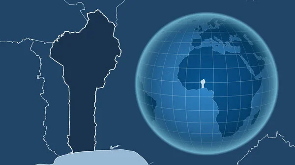 Benin Globo Con Forma Del País Contra Mapa Ampliado Con — Foto de Stock